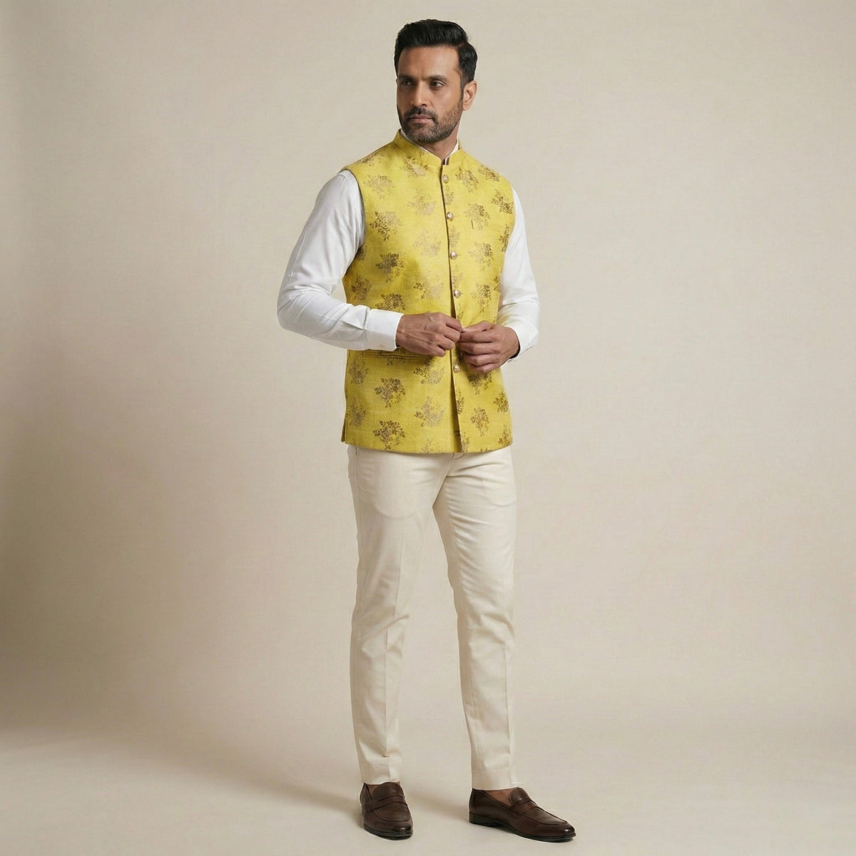Man wearing kurta appropriate for a Haldi ceremony celebration, by ELVAAN