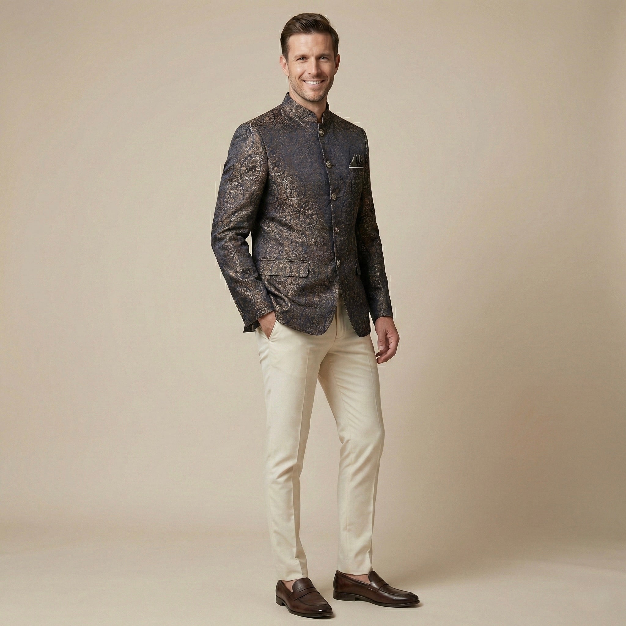 Man wearing modern Indian reception outfit by ELVAAN at evening celebration