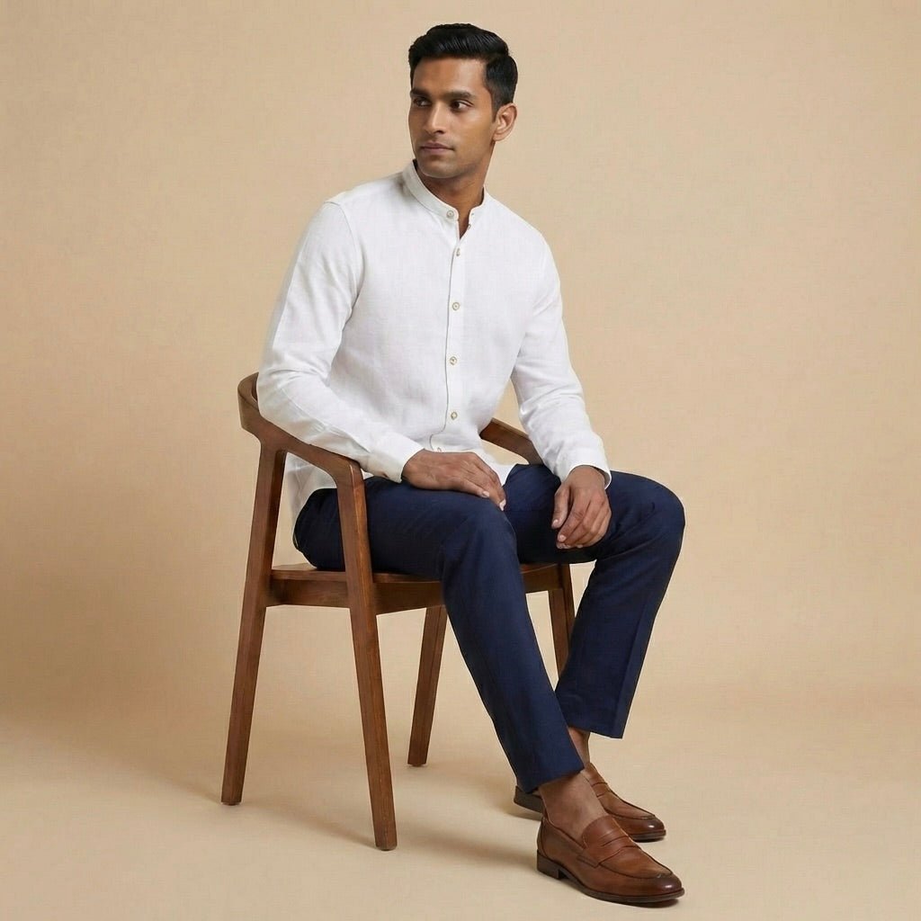 Mandarin Collar Shirt - White - Elvaan